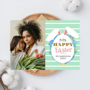 Strip Floral Simple modern Easter family photo Holiday Card