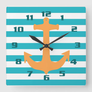 Stripe and Anchor Pattern Nautical Square Wall Clock