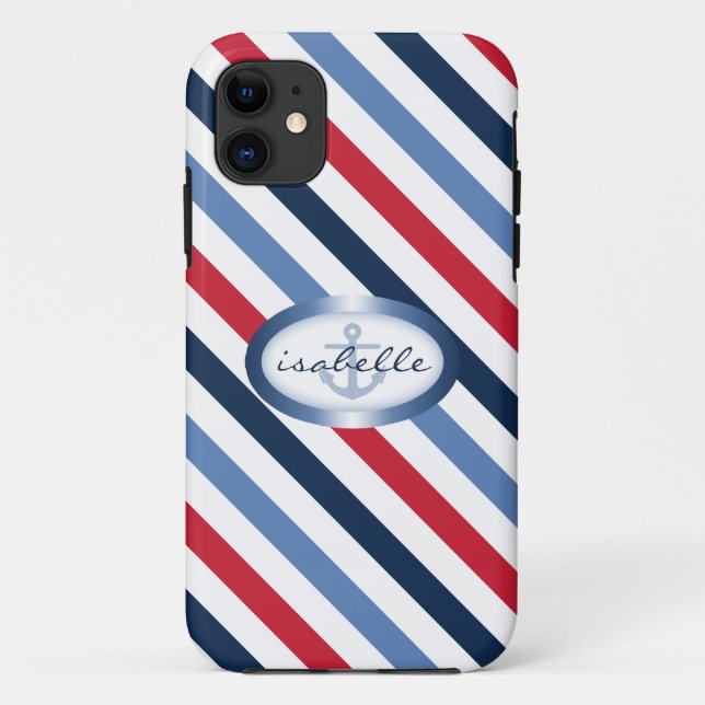 Stripe and Anchor Personalized Nautical Pattern Case-Mate iPhone Case (Back)