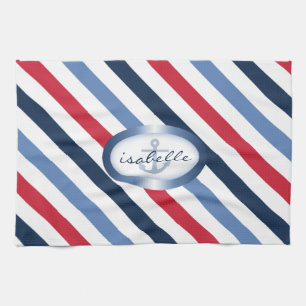 Stripe and Anchor Personalized Nautical Pattern Kitchen Towel