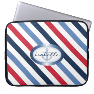 Stripe and Anchor Personalized Nautical Pattern Laptop Sleeve