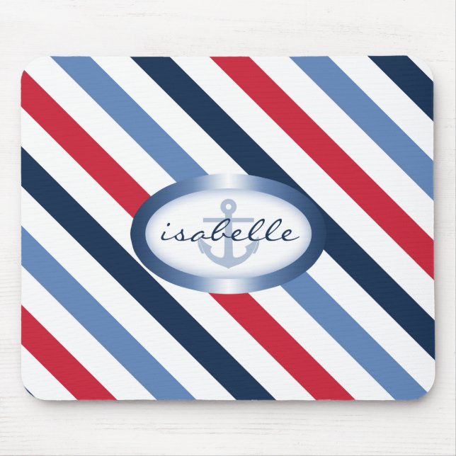 Stripe and Anchor Personalized Nautical Pattern Mouse Pad (Front)