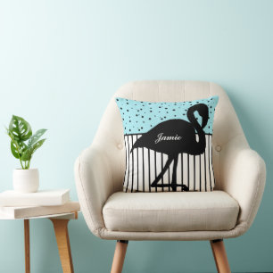 Stripe and Dots Modern Flamingo Black White Aqua Throw Pillow