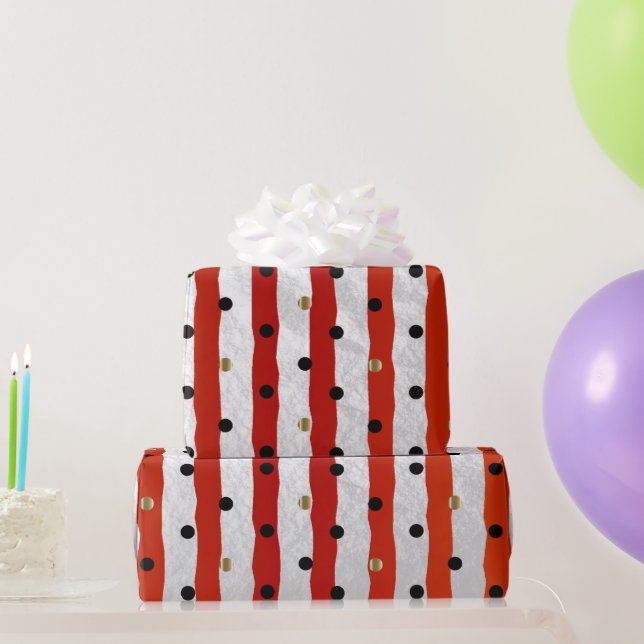 Stripe and Polka Dots on Sheen Red Satin Wrapping Paper (Party Gifts)