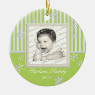 Stripe and Snowflakes Light Green Ceramic Ornament