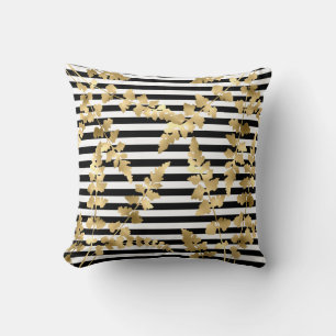 Stripe Black Gold leaf double sided hamptons Throw Pillow