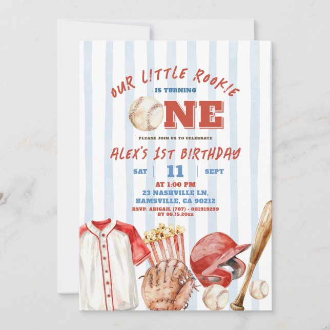 Stripe Boy Baseball Rookie Game First Birthday Invitation (Front)