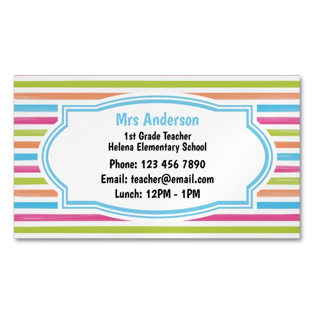 Stripe Contact the Teacher Magnetic Business Card (Front)