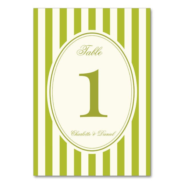 Stripe Custom Chartreuse Wedding Table Number (Front)
