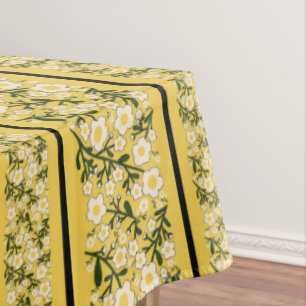 Stripe Dainty Flowers Lemon Yellow Background Tablecloth