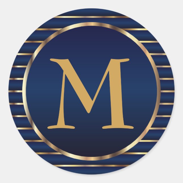 Stripe Dark Blue & Gold Monogram Envelope Seal (Front)