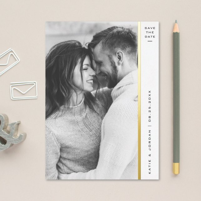 Stripe Gold Foil Photo Save the Date Cards (Creator Uploaded)