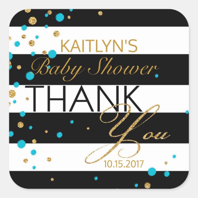 Stripe Gold Glitter Turquoise Sprinkles Thank You Square Sticker (Front)
