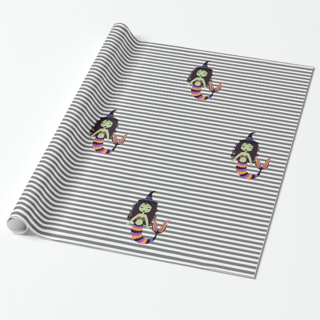 Stripe Halloween Mermaid Witch WRAP Wrapping Paper (Unrolled)