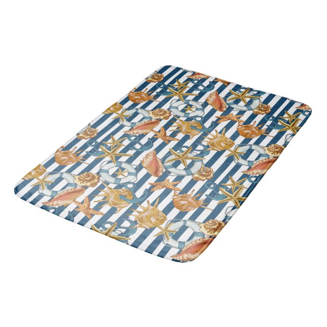 Stripe Marine Pattern Anchor Life Line Sea Shells  Bath Mat (Angled)