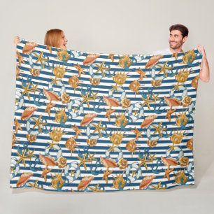 Stripe Marine Pattern Anchor Life Line Sea Shells  Fleece Blanket