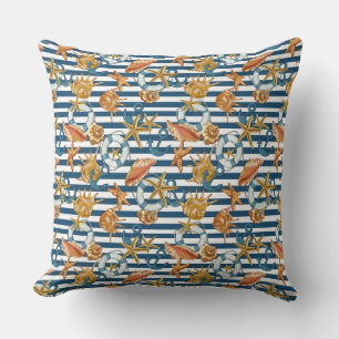 Stripe Marine Pattern Anchor Life Line Sea Shells Throw Pillow