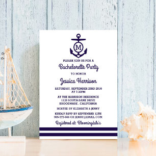 Stripe Monogram Anchor Nautical Bachelorette Party Invitation