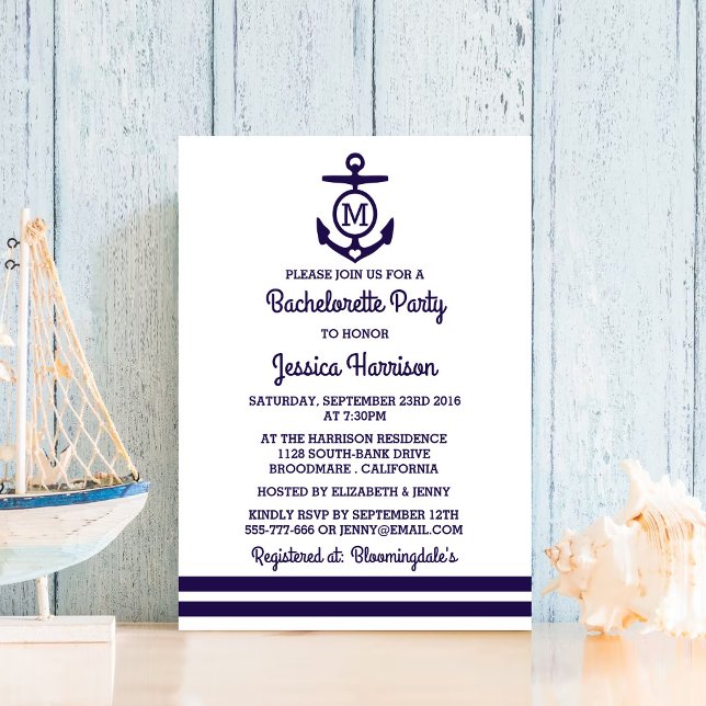 Stripe Monogram Anchor Nautical Bachelorette Party Invitation (Creator Uploaded)