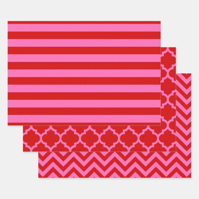 Stripe Moroccan Chevron DIY Colours Red Hot Pink Wrapping Paper Sheet (Set)