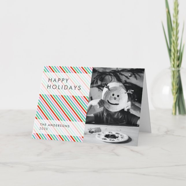 Stripe Patern | Modern Colourful Christmas Photo Holiday Card (Front)