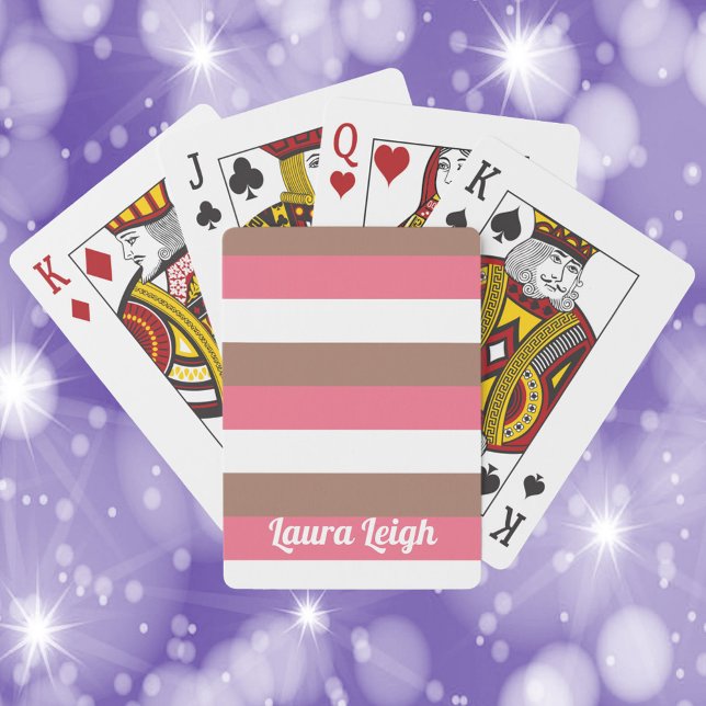 Stripe Pattern Brown Pink White Personalize Playing Cards (A deck of playing cards with pink, brown and white stripes with text that can be personalized!)