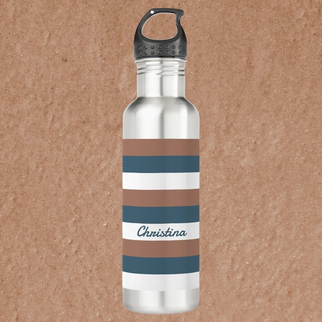 Stripe Pattern Brown Teal White Personalize 710 Ml Water Bottle (A water bottle with brown, teal and white stripes.  The text can be personalized!)