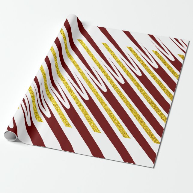 Stripe Pattern Gold Glitter Dark Red Burgundy Cool Wrapping Paper (Unrolled)