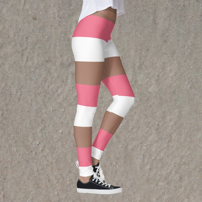 Stripe Pattern Mocha Brown Pink White Leggings (A pair of leggings with pink, brown and white stripes.)