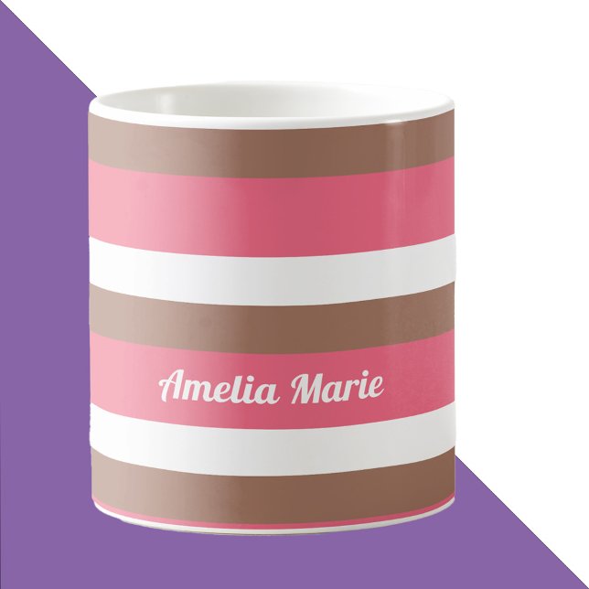 Stripe Pattern Mocha Brown Pink White Personalize Coffee Mug (A mug that has a pink, brown and white stripe pattern with text you can customize!)