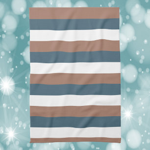 Stripe Pattern Mocha Brown Teal White Kitchen Towel