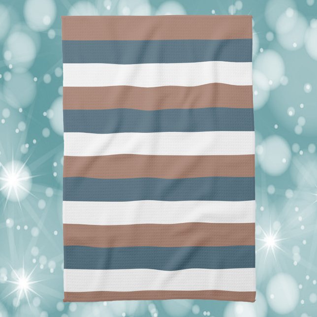 Stripe Pattern Mocha Brown Teal White Kitchen Towel (A kitchen towel with brown, white and teal stripes.)