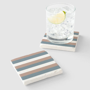 Stripe Pattern Mocha Brown Teal White Stone Coaster