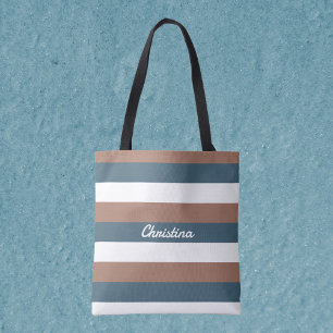Stripe Pattern Personalize Teal Brown White Tote Bag