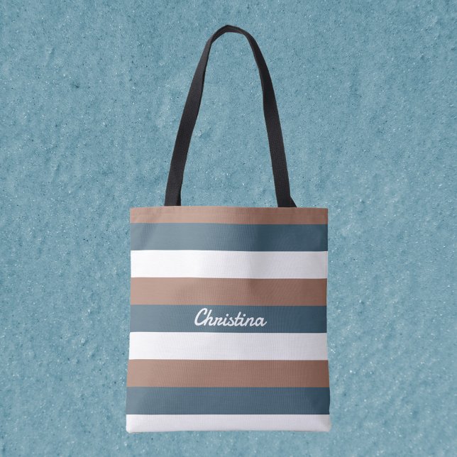 Stripe Pattern Personalize Teal Brown White Tote Bag (A tote bag with mocha brown, teal and white stripes!  Includes text that can be personalized!)