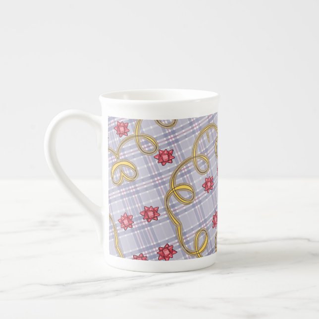 Stripe Red Green Merry Christmas Blue Plaid Red Bone China Mug (Left)