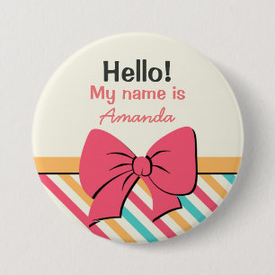 Stripe Ribbon and Bows Hello My Name is Button