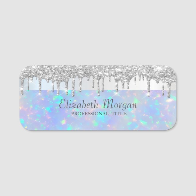 Stripe Silver Glitter Drips Holographic Opal Name Tag (Front)