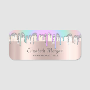 Stripe Silver Rainbow Glitter Drips,Rose Gold Name Tag