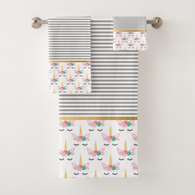 STRIPE UNICORN GOLD BATHROOM TOWEL SET (Insitu)