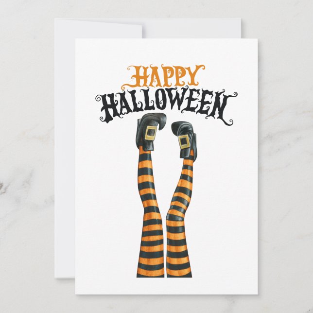 Stripe Witch Leg Tights Stocking Happy Halloween Holiday Card (Front)