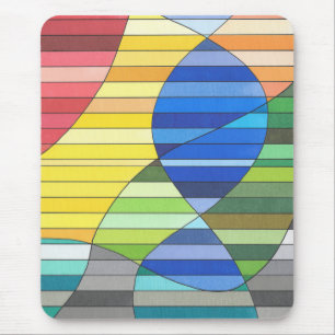 Striped Abstract with Yellow and Blue Shapes Mouse Pad