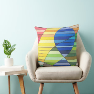 Striped Abstract with Yellow and Blue Shapes Throw Pillow