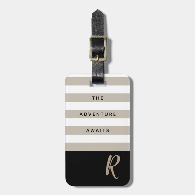 Striped Adventure Awaits Customizable Monogram Luggage Tag (Front Vertical)