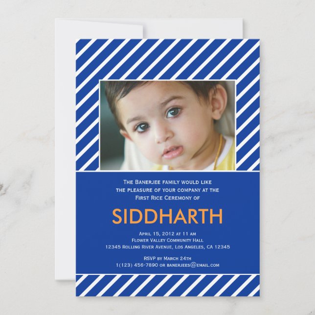 Striped Annaprashan (First Rice) Blue Invitation (Front)