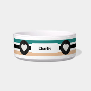 Striped Aqua Black Tan Custom Pet Bowl with Hearts