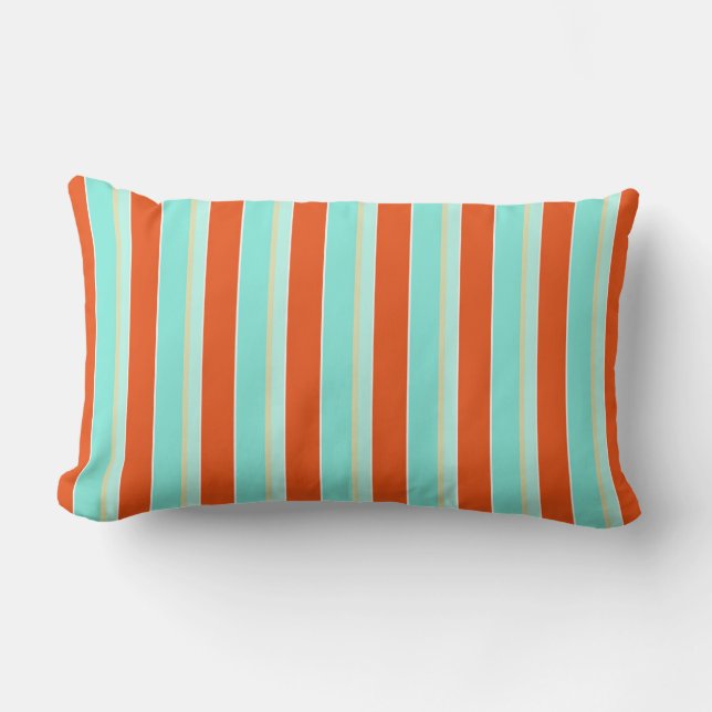 Striped Aqua Blue and Tangerine Orange Lumbar Pillow (Front)