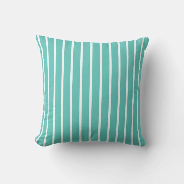 Striped Aqua Blue & White Throw Pillow (Front)