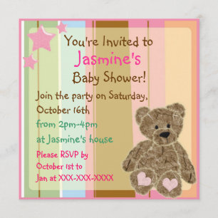 Striped baby girl teddy bear shower invitations