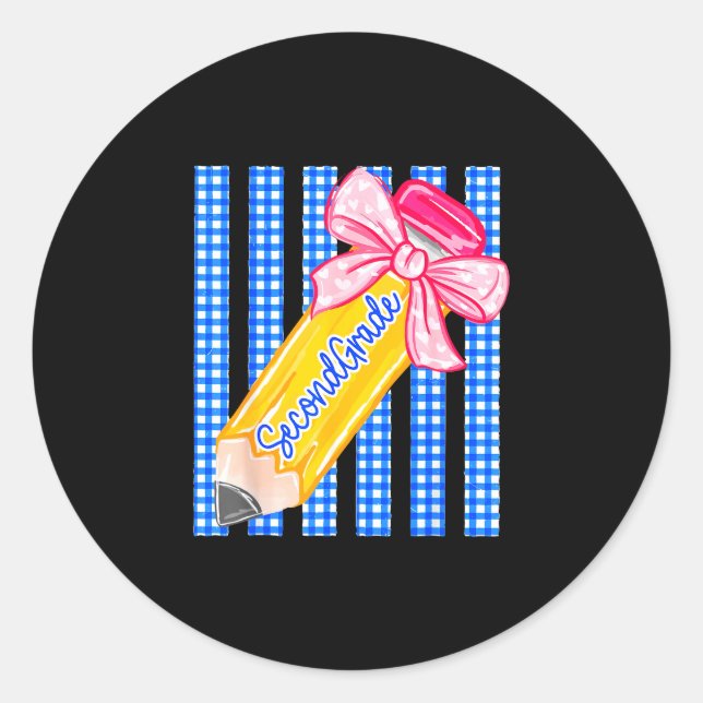 Striped back to school pencil bow second grade classic round sticker (Front)